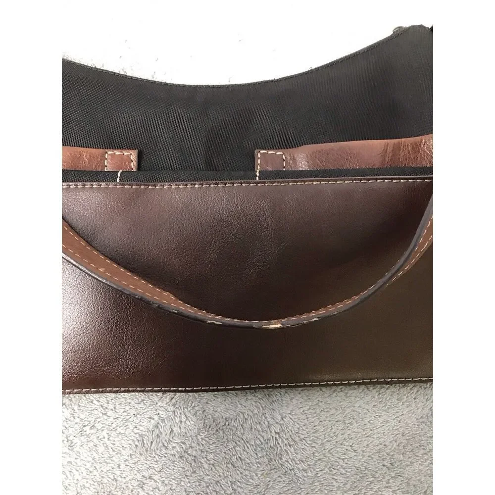 Fossil‎ Tan Black Nylon Leather Trim Shoulder Bag Handbag Hobo Purse READ